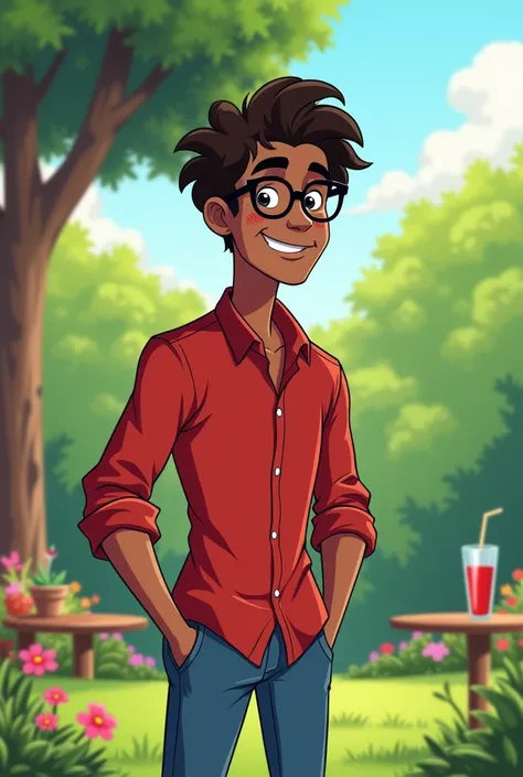  Hello I need an image of a cartoon that is similar in style to the cartoons of the 90s with the following description Cartoon of a man:hair: negro,  medium size ,  with a casual style that gives it a youthful air .Age: between 20 and 30 years old .glasses...