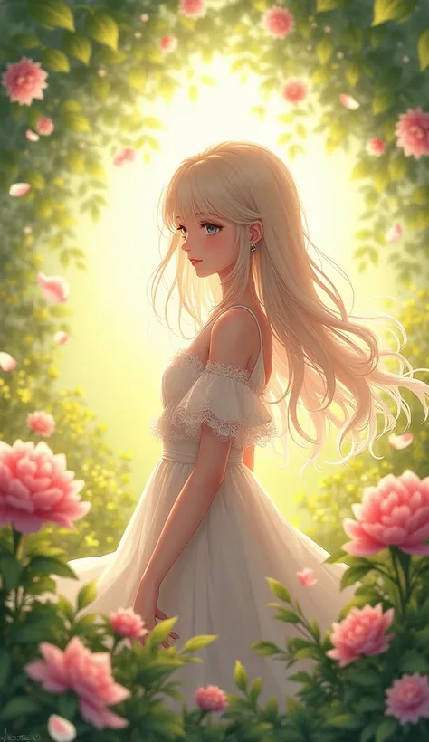 A serene anime-style girl standing in a blooming garden, sunlight filtering through trees, her hair glowing softly in the light.