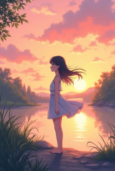  A cute anime-style girl in a summer dress is standing by the river feeling the wind。The background is a sunset sky 。Simplified background 