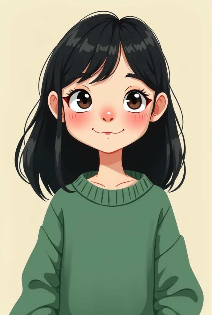 Standing woman, dressed in a green sweater, straight black hair over her shoulder with bangs, slightly chubby build. very white skin, smiling a little, caricature cartoon format