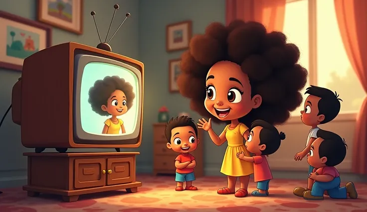 little Oprah Winfrey on tv, family watching tv, cartoon