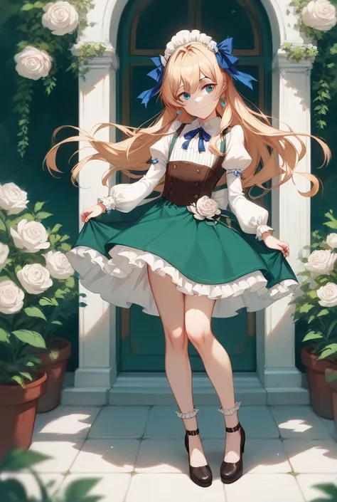 A very realistic portrait of a young woman inspired by the anime “Violet Evergarden. Her long wavy blonde hair is elegantly tied back and her expressive blue eyes express deep emotion and longing. She is dressed in a sophisticated vintage style outfit: cre...