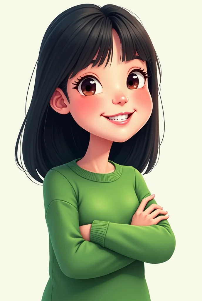 Standing woman, dressed in a green sweater, straight black hair over her shoulder with bangs, slightly chubby build. very white skin, smiling, caricature cartoon format