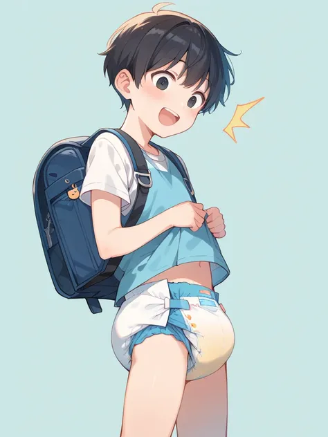 Asian, toddler (boy), very short hair, black hair, straight hair, happy, surprised, slim, black eyes, wearing blue backpack, showing diaper full of pee