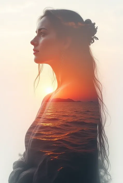 High quality, 8K Ultra HD, Beautiful double exposure combining the silhouette of a goddess and a sunset coast, The sunset coast should be the background, with its details merging into the goddess, Clear lines, Monochrome background, Sharp focus, Double exp...