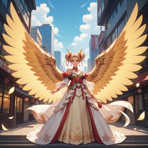 beautiful girl with golden wings standing in center of tokyo city, epic, beautiful