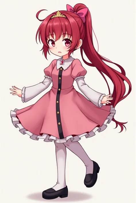  Long red hair tied in a ponytail is one between 12-, pink eyes,  white skin with red hair ,  pink dress with a black stripe in the middle ,  a long white stocking with black shoes and a bow /tiara in your hair and realistic image 