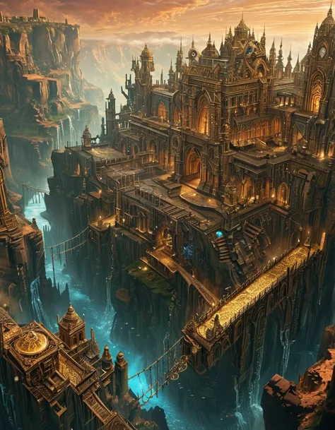 A Steampunk Fantasy landscape with a Soaring Clockwork Angel as the focal point, incorporating elements of Fractal Terrain Generation and Clockwork Anatomy, illuminated by Peach and Cerulean lighting