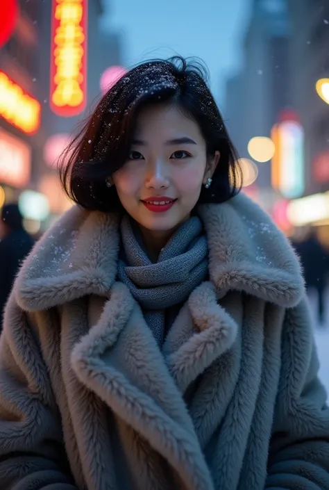 Fluffy scarf、Medium Short Hair、White breath expression、Photo from the waist up、Night city illumination shot、Cowgirl Shot、Fur coat、luxurious gray mink fur coat、Wear fine leather boots、Luxury Bags、Inner turtleneck、Silver necklace and small silver earrings Mi...