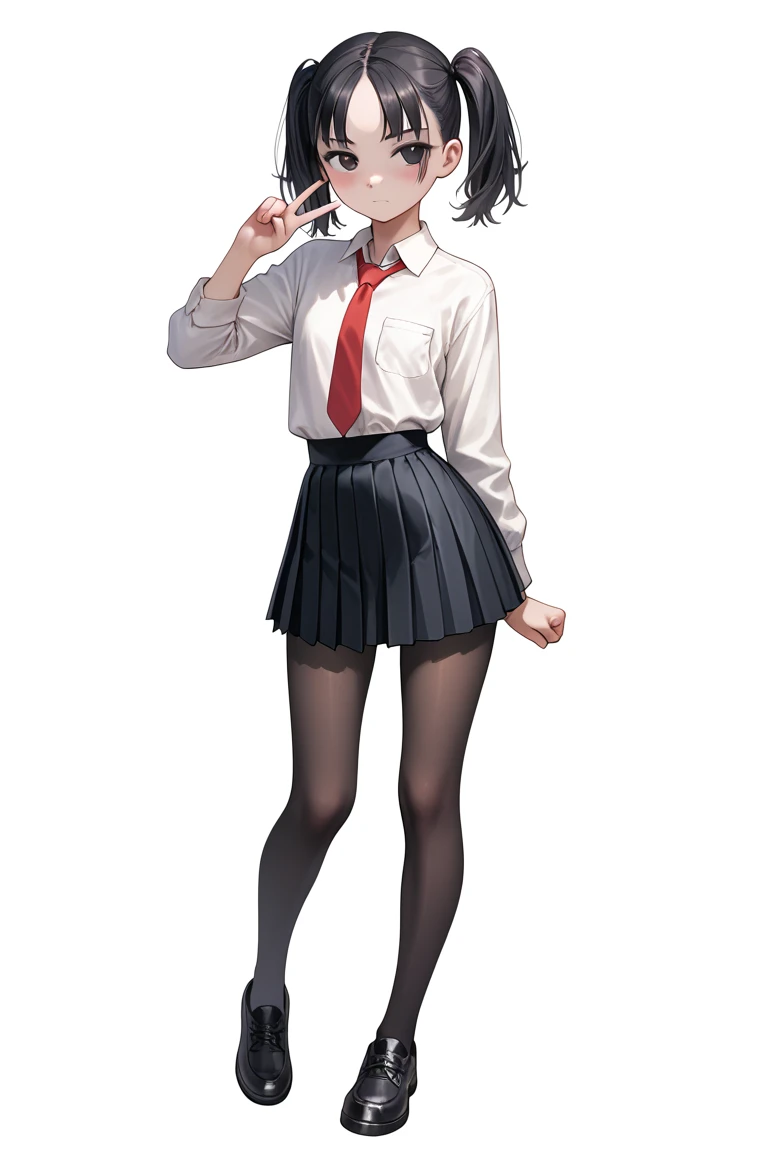 cute girl, (short girl), (solo), black pleated skirt, white collared shirt, red tie, black pantyhose, black shoes, taut clothes, tight clothes, wide hips, contrapposto, narrow waist, thin legs, thigh gap, flat chest, lean belly, narrow waist, skinny body, ...