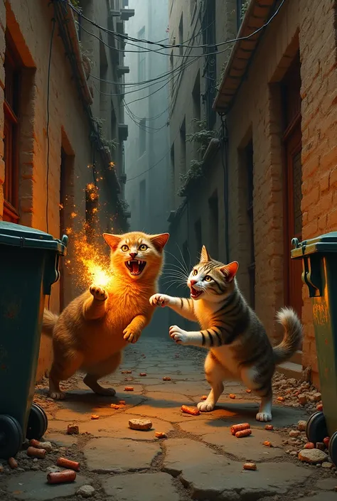  A dog and a cat exploding dynamite in an alley, oil technique , Renaissance style