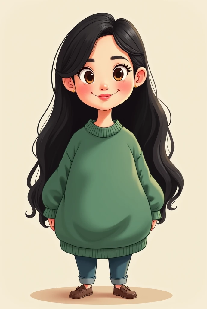 Woman standing, dressed in a green sweater, long straight black hair over the shoulder with bangs, slightly chubby build. very white skin, smiling, caricature cartoon format