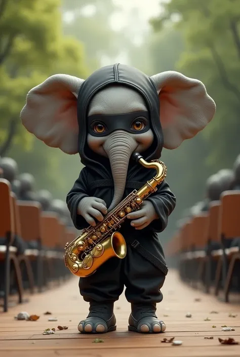 little baby elephant、Ninja appearance、 standing、Playing the saxophone、An outdoor concert hall in the background