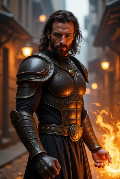 Zafer, A shot An awe-inspiring male paladin, wearing a embers black bodysuit, extremely masculine physique, intricately detailed metal body armour, karate fighting stance, emanating potent light magic. The scene is set in a dark and mysterious cityscape, i...