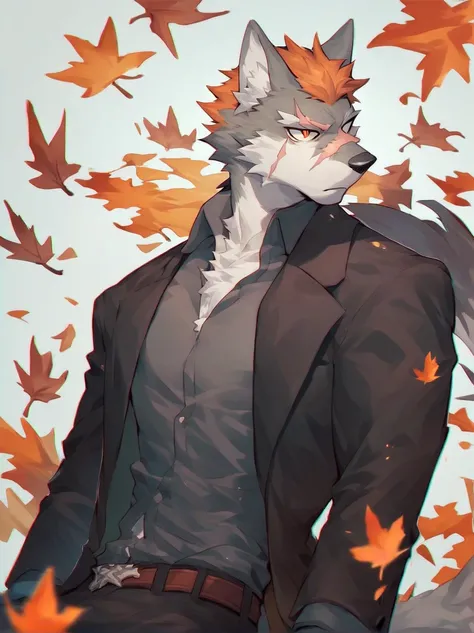 Male gray wolf ，  off-white fur  ，   Orange Hair   ，golden red pupils ， black pants   ，Scar on left eye ，source_   furry ,   black suit  , Blep, by littleblackalas ， Fallen leaves background