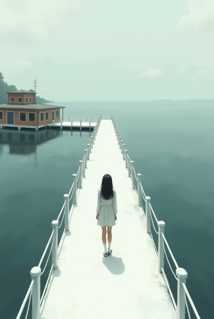 The girl is standing, waiting for love, on a long white bridge. Below is a body of water, there is a building nearby.