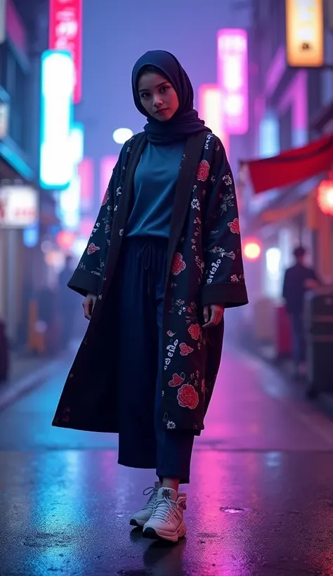 4d image of young woman wearing hijab, ideal proportional body shape, energetic and dynamic pose, wearing modern clothes with traditional elements, sneakers, and robe with Japanese characters. The background of Japanese city streets is blurred with mysteri...