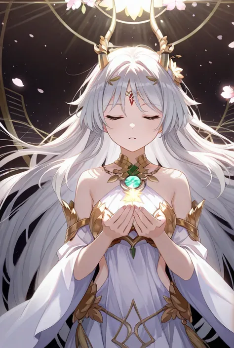 sakura, a warrior with an indomitable spirit ,  has long, silver hair that shines like the moon . Her outfit,  a light armor adorned with cherry blossoms ,  reflects her connection to nature .  with particles of light, rays of light,  wallpaper, high-contr...