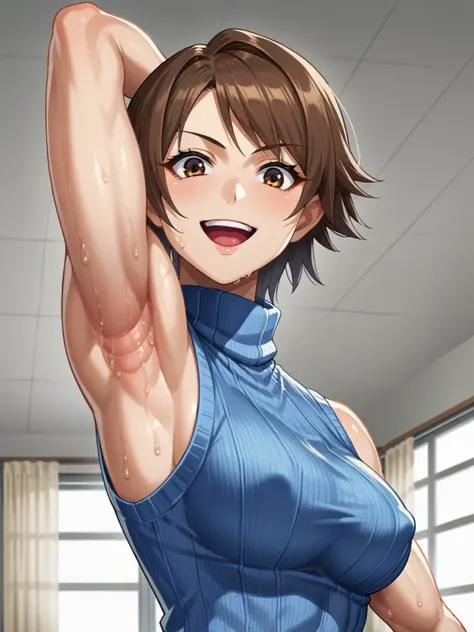 score_9, score_8_up, score_7_up, source_anime, anime screencap, 1girl, solo, Asuka kazama, short hair, brown hair, brown eyes, blue shirt, sleeveless, ribbed sweater, turtleneck, sleeveless, bare shoulders, arm behind head, armpit, muscle, arms muscle, loo...