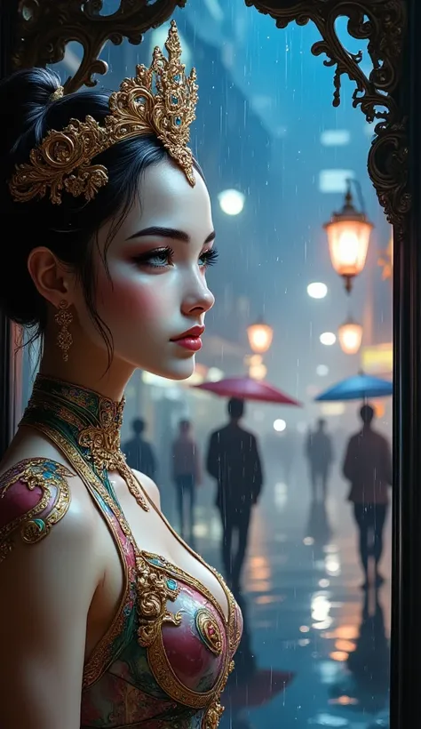  woman Khmer, Realistic Apsara Dress, very detailed Texture Clothes , Khmer embellishment gold, Jewelry and crown, looking out the window with a cup of coffee ,  sees people walking with umbrellas down the street illuminated by a lantern,  torrential rain ...