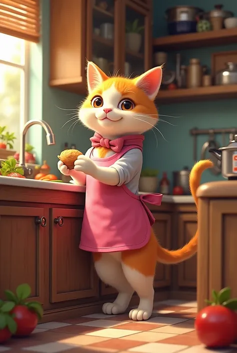 A cat cooks in the kitchen with a pink apron