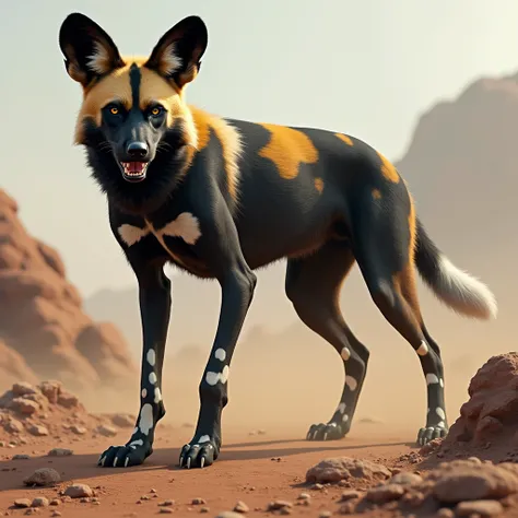 A hyper-realistic depiction of an African wild dog standing tensely, its body braced and ears perked forward in alertness. The dog’s fur is a chaotic mix of black, white, and tan patches, and its sharp eyes are focused with determination. Its mouth is slig...