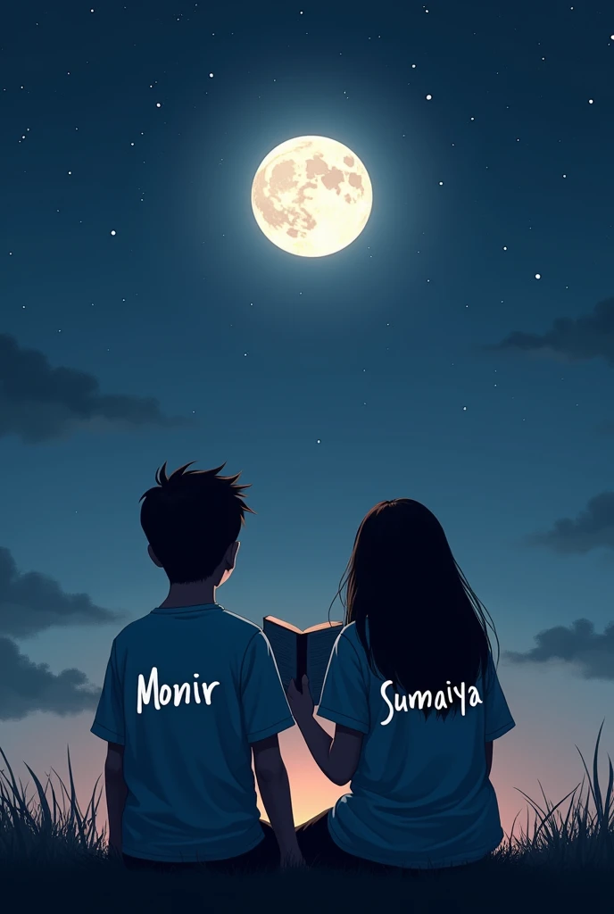 Shadow of two young peoplethe boy name is Monir and girl name is Sumaiya with their backs turned, watching the moon while reading the Bible.Highlight the name "Monir and Sumaiya" in their t shirt with white colour 