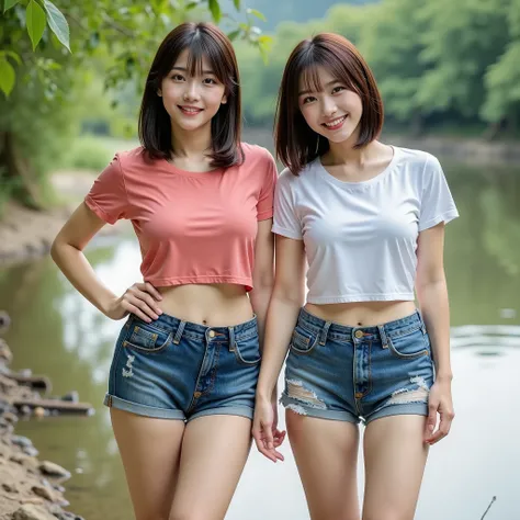 『 the mood of the face and hairstyle is different2 Japanese girls:1.9』『 real photo:1.3』最 High Quality :1.2、(( Big Breasts ))、 showing slight cleavage 、(( young woman))、(( has red cheeks))(( smiling :1.3))、((( anatomically correct、 perfect anatomy、 anatomi...