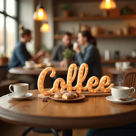 Warm-toned 3D text on a wooden coffee shop table surrounded by coffee cups and pastries, with a soft blur of people chatting in the background.