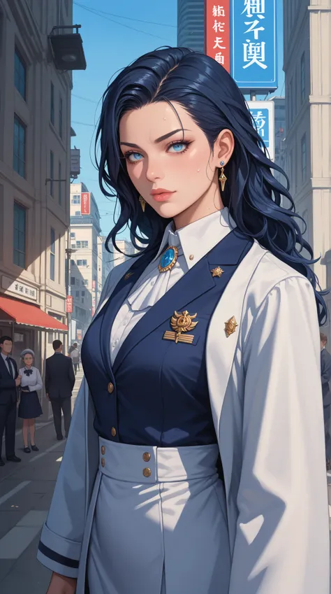 Young female, ultimate disciplinarian, cold and commanding presence, elegant posture with hidden danger, long straight hair, black or dark blue hair color, icy and piercing eyes, expression with a hint of sarcasm or menace, uniform modified into a sleek an...