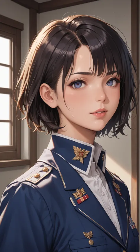 Young female,submissive and loyal posture, pet-like servitude, short hair, brown or black hair color, gaze showing innocence and obsession, wearing a modified servant-style uniform, expression slightly obedient and infatuated, low posture leaning close, up...