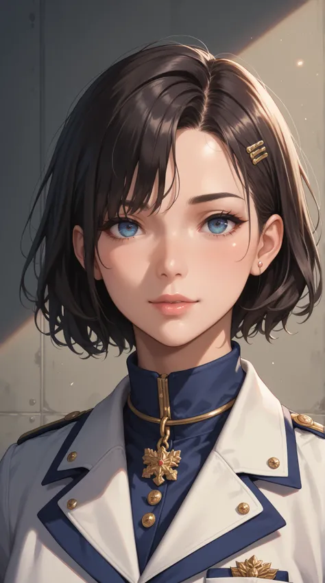 Young female,submissive and loyal posture, pet-like servitude, short hair, brown or black hair color, gaze showing innocence and obsession, wearing a modified servant-style uniform, expression slightly obedient and infatuated, low posture leaning close, up...