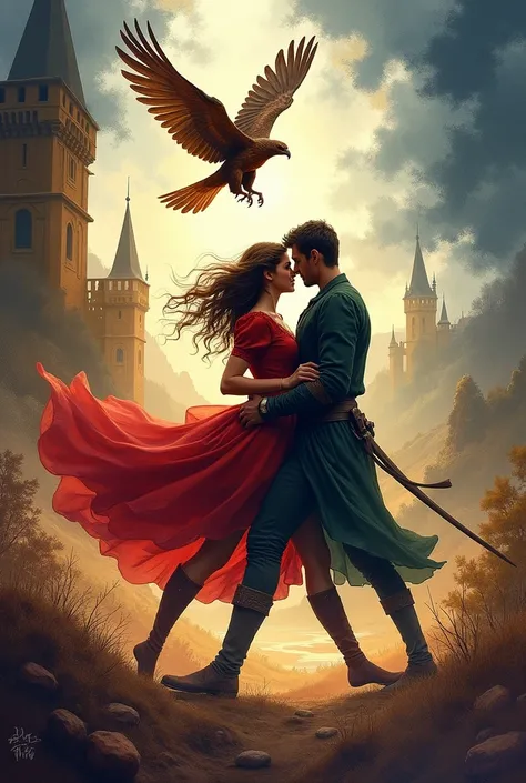  book cover in 2D watercolor painting style, About action ,  romance and adventure in medieval times , in an abstract 2D style with dark and bright tones and a falcon in the background