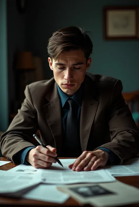 Take a picture of a young man in a dark brown detective uniform sitting at a desk in a dimly lit study. The room is full of silence. On the table are all scattered documents of evidence. Apparently, he is thinking of an answer to a case that has yet to be ...