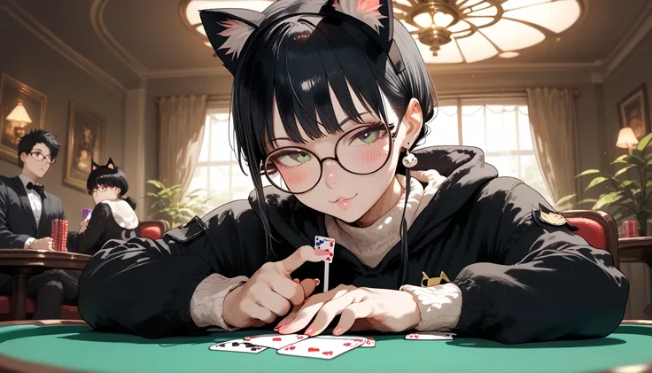 Black hair, glasses, cat costume, playing poker