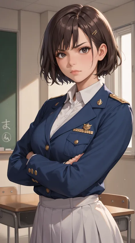 Young female,short or medium-short hair, black or dark brown hair, brown or black eyes, alert and strong gaze, uniform-style outfit, appearance of a remedial student, arms crossed or a cautious standing pose, simple and clean background, nervous but confid...