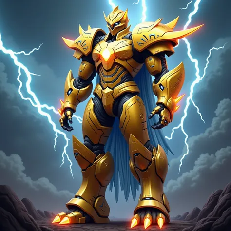 A full-body futuristic golden robotic armor inspired by Zeus, designed for combat and divine authority. The armor is crafted with polished golden plates, intricately engraved with lightning bolt motifs and celestial patterns. Glowing blue and white energy ...