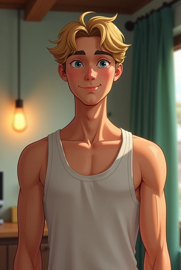 Dirty blonde hair, blue eyes, tall, not to masculine, sharp feature, gentel smile, tank top, no facial hair, not to skinny man