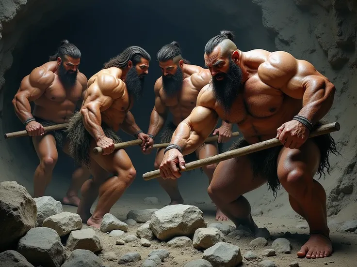 Strong, hairy, bearded mixed-race men in underwear breaking rocks with tools with great force and sweating a lot inside a dark mine.