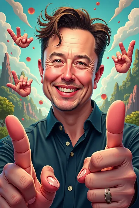 Whimsical finger themed artwork of Elon Musk