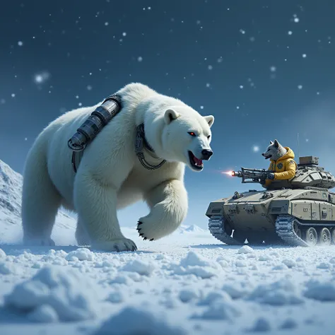 A snowy field with a beautiful starry sky 、A giant polar bear with mechanically modified arms and right eye、 Polar bears have red eyes、Polar bears are angry and rampage 、Fighting polar bears is a muscular wolf wearing a golden down coat embroidered with 「J...