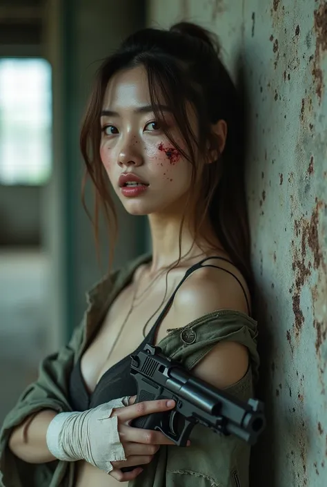  Fullbody real image portrait of a beautiful Korean woman ,  with white skin ,Thin cheeks,slim body, long brown hair straight back in a tie backwards , Normal breasts,  tears in some parts there are blood stains,full of wounds , face scratched like an inci...