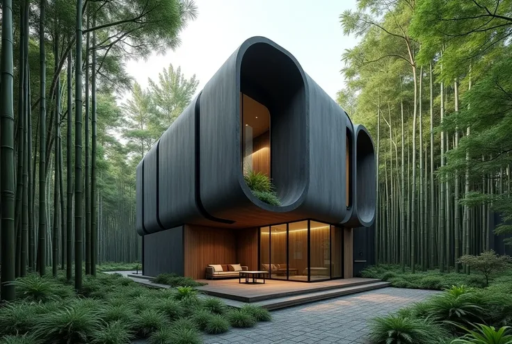 2 floor vertical tube shape minimalist house surrounded by pine and bamboo garden landscape