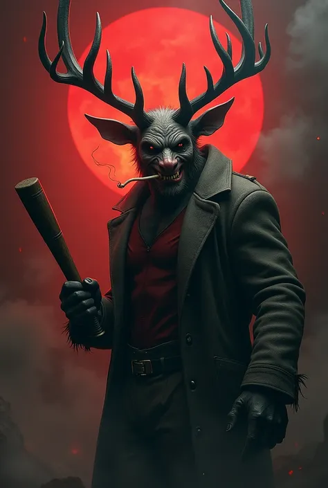 The devil Rudolph is holding a bat while smoking