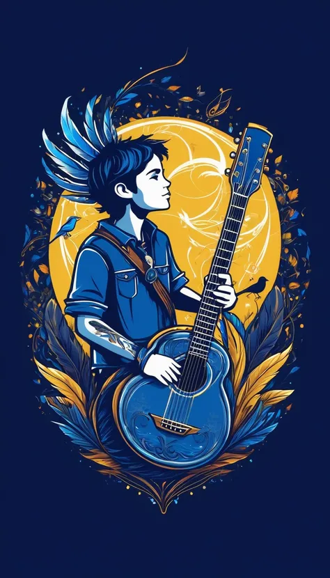 Create a minimalistic, simple, fantastic, easy to understand, logo design of a boy, an acoustic guitar and a feather for an upcoming Fantasy Role Playing Game called " Penamemoria". The game is about a world full of bird and feathers. A boy enters that wor...