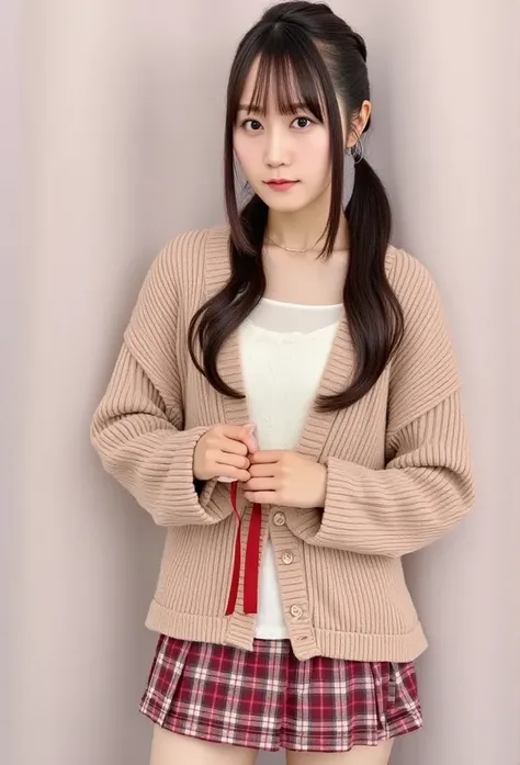 (((8k、   high definition  、 top quality、   high definition  )))Alone、Natural body shape、  white skin、 natural cosmetics 、  black hair 、bangs、  Long Straight Hair 、、(( high school uniform )) 、((  beige cardigan 、 The composition of adult young men   ))、((  ...