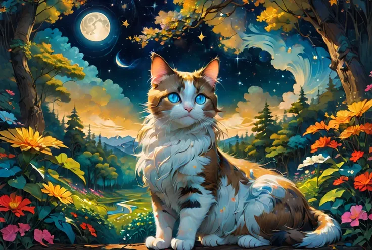 1 cat with white fur and blue eyes,
A  with brown pigtails, a forest with the moon and stars, the back
