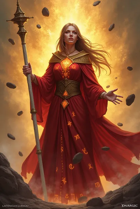 magic the gathering art  / a female Conjurer / she wields a white wooden staff, her red robes are adorned by numerous glowing glyphs, an amber couloured aura surrounds her and sheilds her from rocks hurled at her. digital illustration, epic game art. / an ...