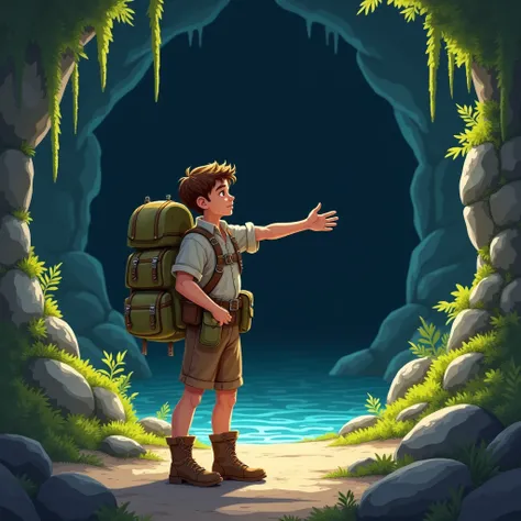 young adventurer standing in front of a cave calling his friends to explore 