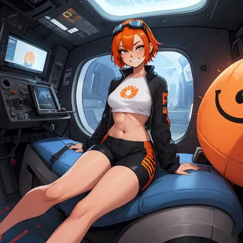 Edward (F), Fat 1girl, body plus, masterpiece, (detailed background), best quality, absurdres, eyelashes, eyeshadow, orange hair, tiny breasts, sitting legs crisscrossed, space ship, window showing space and stars, edward, solo, short hair, smile, barefoot...